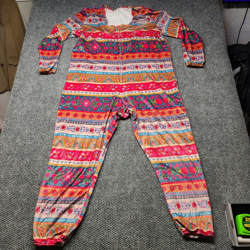 Natural Life Women XL Boho Floral Fleece Zip Loungewear Jumpsuit Multi-Color